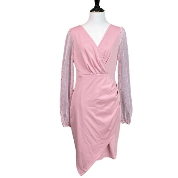 Shein Pink Barbiecore Mini Asymmetrical Dress Sheer Sleeves - Picture 1 of 11